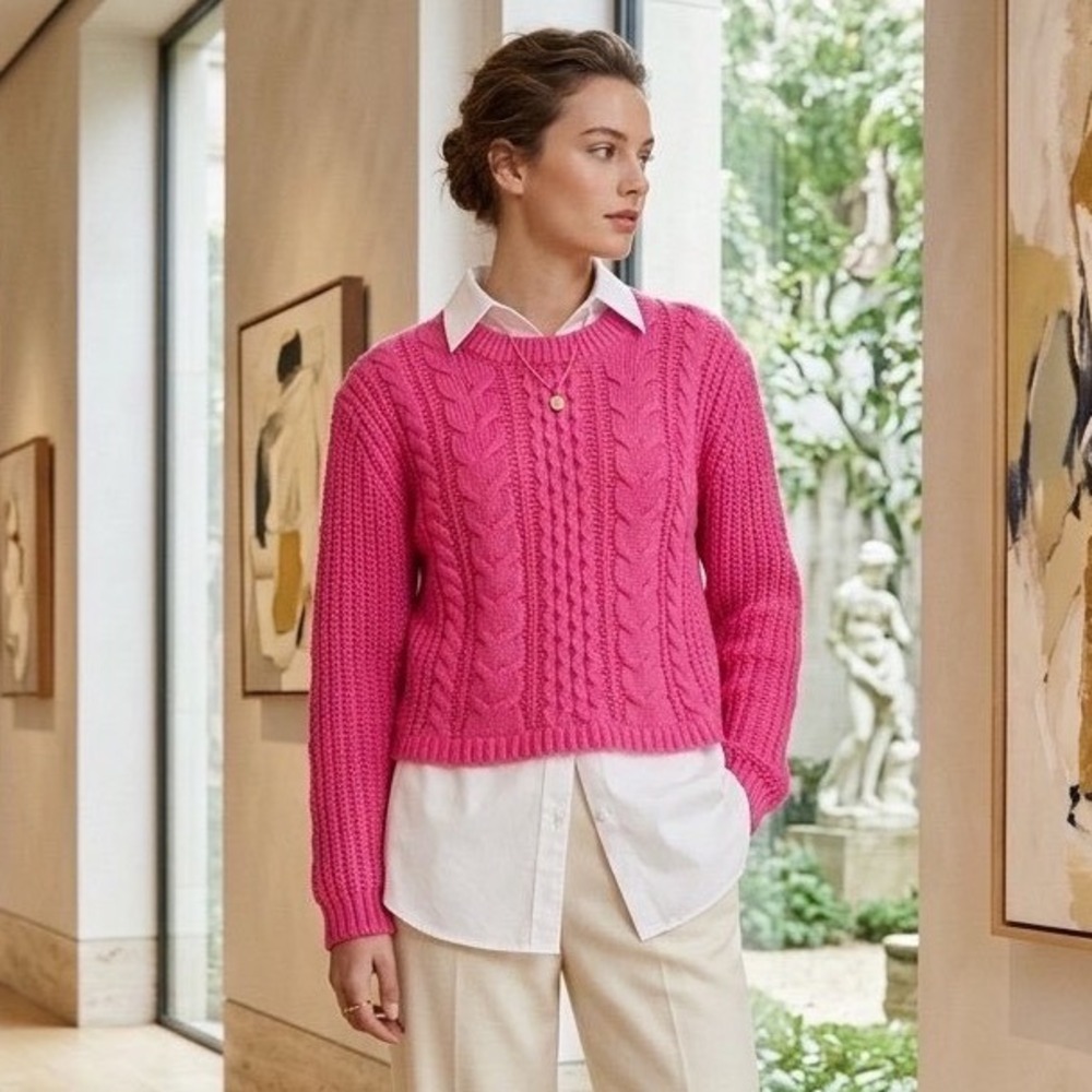 Cato Hot Pink Cable Knit Layered Look Sweater with White Collar Size M NEW